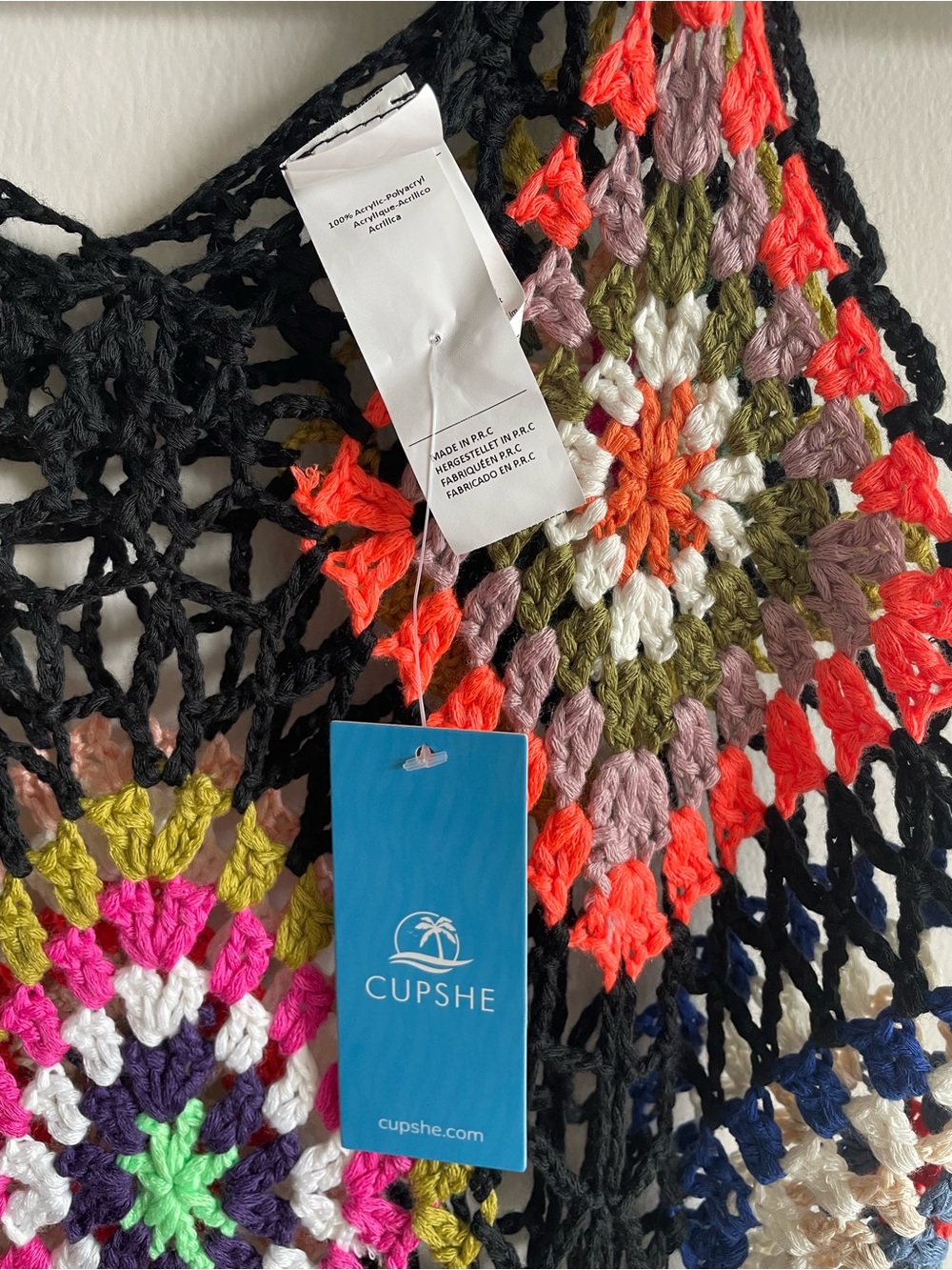 boho festival granny square crochet knit top colorful fringe beach cover up - Picture 2 of 7